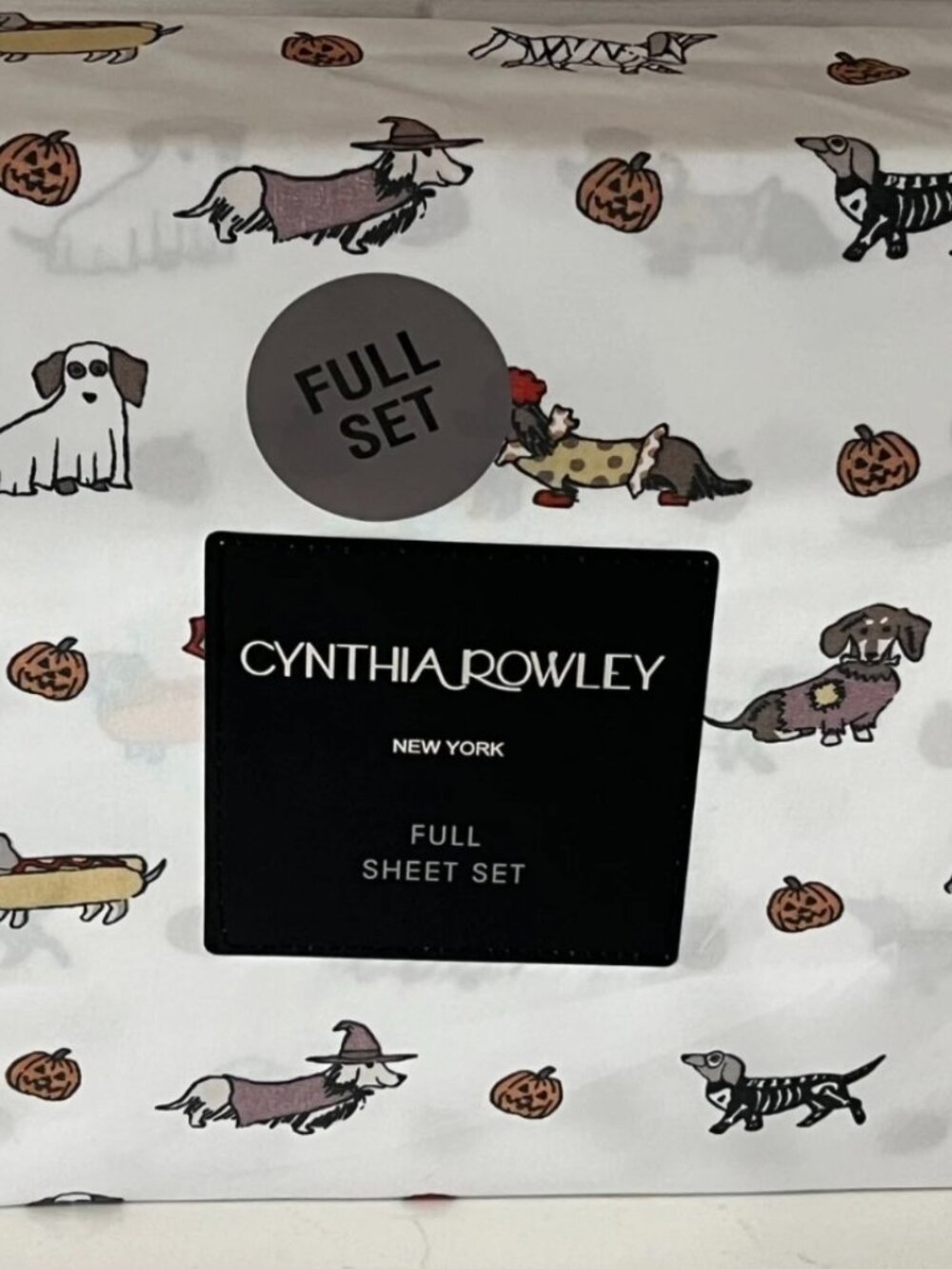 CYNTHIA ROWLEY White FULL Sheet Set 4pc Halloween Dachshund Dog Witch Skeleton